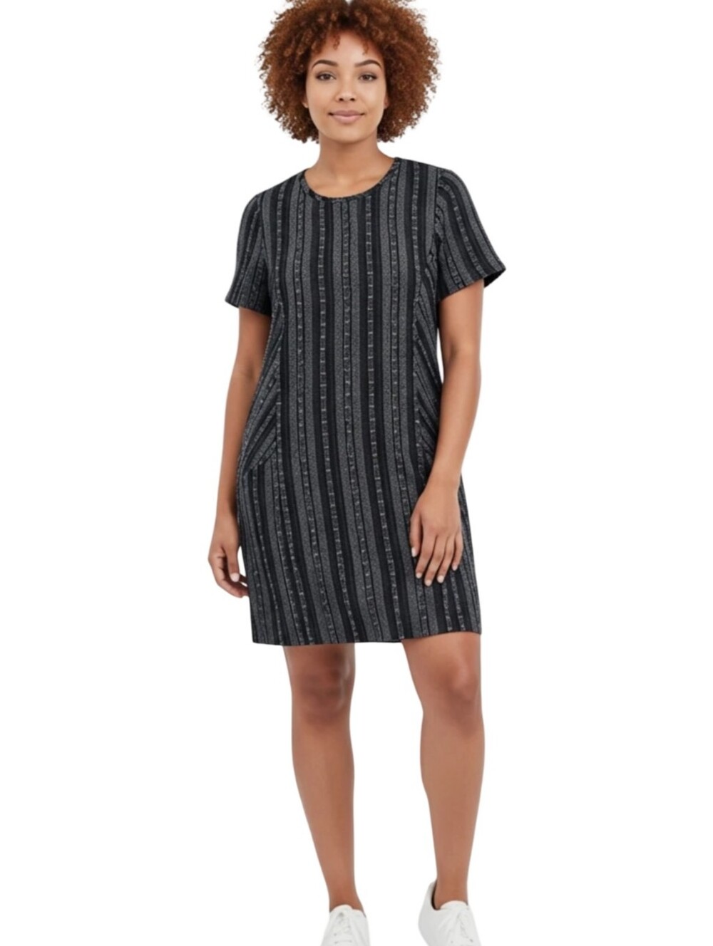 Paper Crane Womens Large Navy Blue Striped Linen Cotton Shift Dress with Pockets